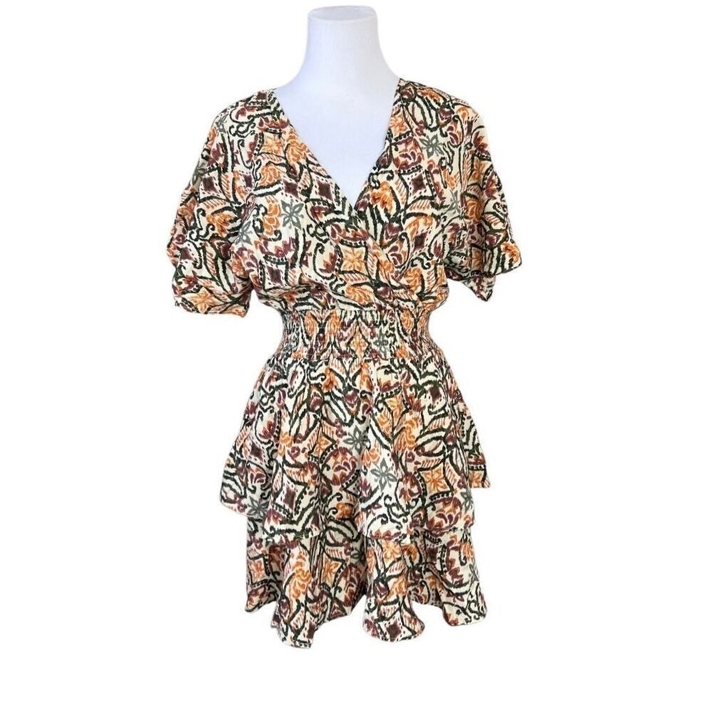 Zara AOP Ikat Print Tiered Elastic Waist Dress Tan Green Tribal MEDIUM Boho Chic
